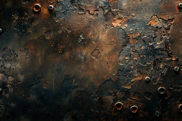 Worn metal surface with visible oxidation, greasy stains, and scattered fasteners, perfect for vintage workshop-themed designs