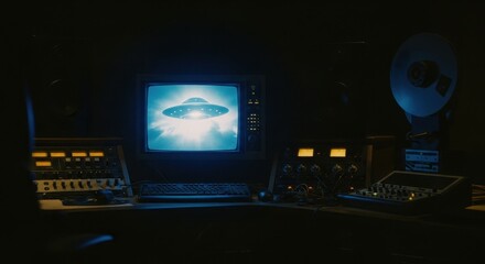 Conspiracy room with old monitor displaying an alien ufo with bright rays of light. Broadcast recording studio equipment.