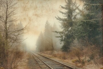 Fototapeta premium Railway Tracks Through Misty Pine Forest In Vintage Postcard Style. Evokes Nostalgic Journey And Tranquil Escape