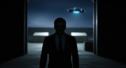 A menacing silhouette of a man in a formal suit stands inside a dark hangar, with a UFO hovering in the twilight sky outside, for conspiracy theory.