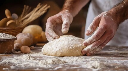 Hands kneading dough on a wooden table