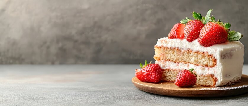 Slice of sweet layered dessert with frosting, garnished with fresh red strawberries on plate. Gluten free low carb baked treat.