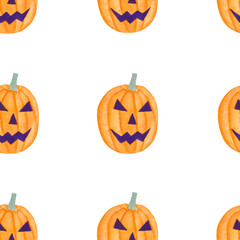 Watercolor illustration of pumpkins with carved spooky faces. Seamless Halloween pattern on a white background.