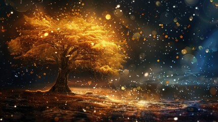 Magical golden tree night scene