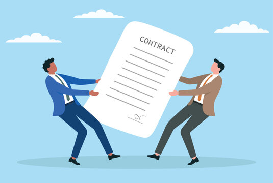 Vector illustration of two businessmen fighting over a contract paper, symbolizing fierce competition, legal disputes, business rivalry, and the struggle to secure important agreements
