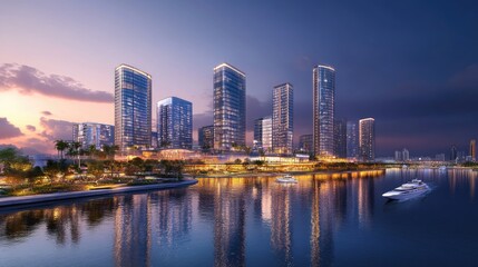 Fototapeta premium Stunning Modern Skyscrapers Reflected in Serene Water at Twilight in an Urban Waterfront Setting