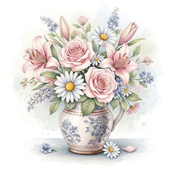 Obraz premium Delicate watercolor spring flower arrangement with soft blossoms and foliage on light background, ideal for cards and invitations