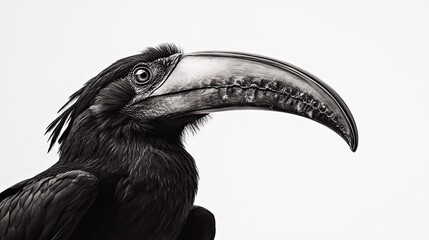 A hornbill in sharp detail as it flicks its massive curved beak upwards in perfect focus against white