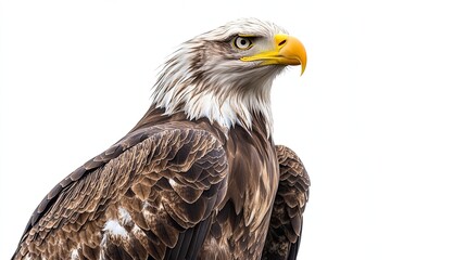 A majestic white-tailed eagle perched with its strong wings folded neatly and its fierce eyes focused on the blank white backdrop