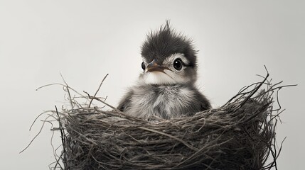 A nestling bird peeking out of an invisible shadowy nest