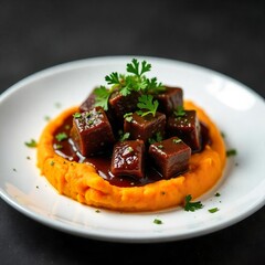 white plate holds a generous portion of savory-looking boneless meat cubes in a dark brown sauce, served of creamy, bright orange sweet potato mash.