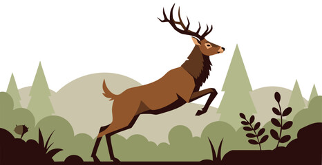 Deer jumping over forest bushes with pine trees natural wildlife scene vector illustration 