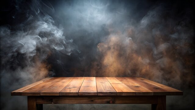 old wooden table with black smook mockup background