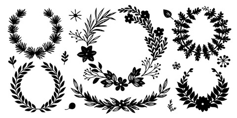Black and white floral vector illustration of a crown with leaf and swirl pattern decoration