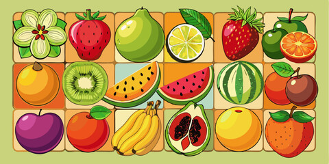 A colorful collection of fresh, healthy fruits and vegetables including apples, oranges, lemons, bananas, pineapples, pears, watermelons, strawberries, and green leafy vegetables