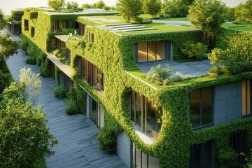A detailed visualization of green architecture and sustainable building materials highlighting environmental importance.