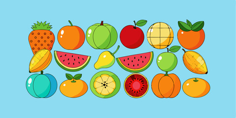 A vibrant vector illustration set features various fresh and healthy fruits and vegetables, including apples, oranges, strawberries, bananas, lemons, cherries, watermelons, and green leafy vegetables