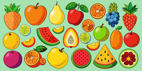 Seamless pattern of fresh, healthy fruits and vegetables including apple, strawberry, banana, orange, and watermelon in a vibrant cartoon vector illustration