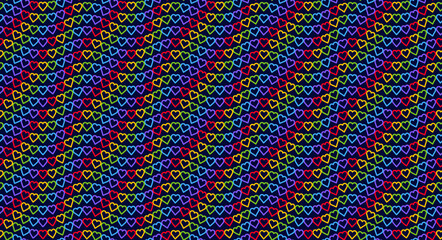 Wavy Rainbow Heart Mosaic, seamless vector pattern with colorful hearts in a retro vintage rainbow palette. Perfect for backgrounds, textiles, and festive banner designs, spreads love and joy