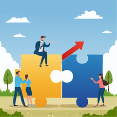 Merger and Acquisitions, partnership or work together, success puzzle, growth solution or cooperation, support or progress challenge concept, business people push arrow jigsaw to join to succes