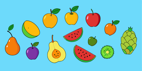 A seamless pattern of fresh, healthy cartoon fruits and vegetables like apples, oranges, bananas, and tomatoes creates a vibrant food illustration
