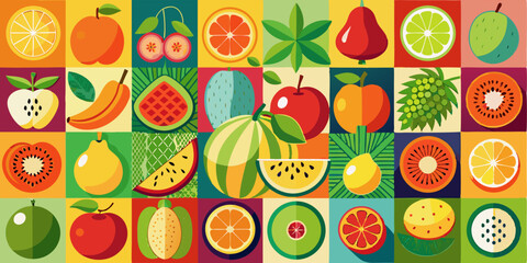 A seamless pattern design featuring colorful Easter eggs and a vibrant assortment of fresh fruit icons including strawberries, apples, and cherries, perfect for a healthy and sweet vegetarian theme
