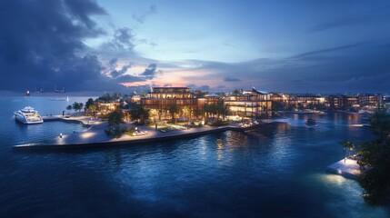 Naklejka premium Stunning Aerial View of Luxury Resort at Twilight with Serene Water Reflection and Illuminated Architecture