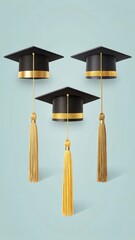 Three graduation caps with golden tassels on light blue