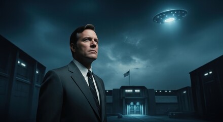 A man in a suit looks up at a ufo flying in the night sky over a secret government building, conspiracy theory concept.