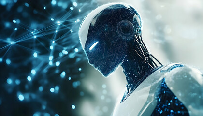Futuristic robot head and torso,  with glowing circuitry, in a blurred background
