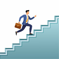 Step or progress to success and reach goal target, leadership to improve personal development, ladder or staircase to achieve goal, aspiration or career path, businessman run up stair to succes