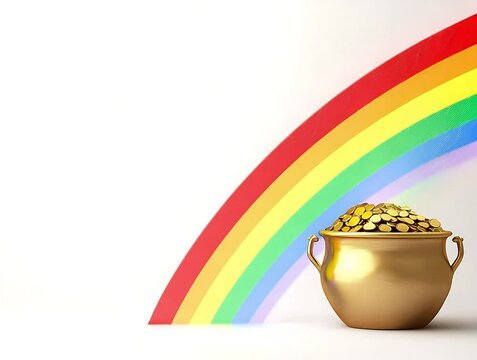 Golden pot filled with gold coins at the end of rainbow on white background