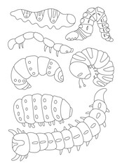 Set of flat line insect caterpillar icons. Outline signs for insects. Cute cartoon caterpillar coloring page. Vector black line illustration.