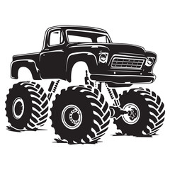 Bold Monster Truck Illustration Featuring Oversized Tires and Classic Design Elements in a Silhouette © Sadia