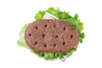 Ham cheese tomato rye sandwich on a white isolated background