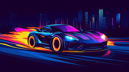 Fast neon car at night