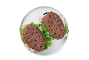 Ham cheese tomato rye sandwiches in the plate on a white isolated background