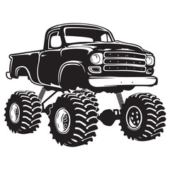 Bold Monster Truck Illustration Featuring Oversized Tires and Classic Design Elements in a Silhouette