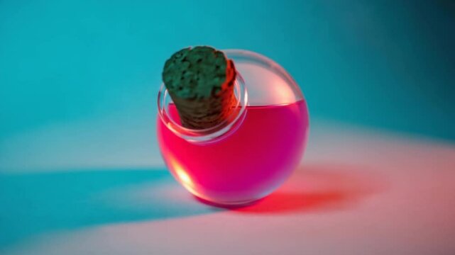 A vibrant glass potion bottle with a cork, resting on a softly lit surface, showcasing vivid colors