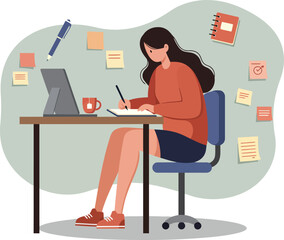 Fototapeta premium Woman studying at desk with computer and notes in casual outfit vector illustration 