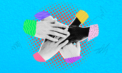 Trendy halftone pop art collage of hands uniting friends, family, colleagues. Teamwork related to unusual quirky billboard