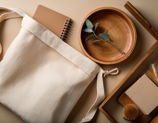 flat lay of cotton bag notebook and tray in warm earthy palette