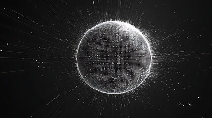 A glowing sphere with radiating lines and a grid like surface against a dark black background