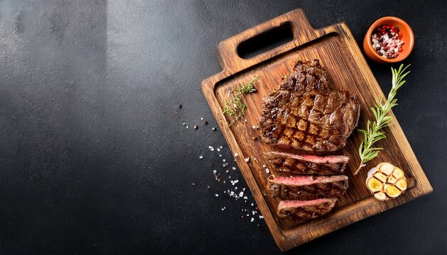 sliced steak ribeye grilled with pepper garlic salt and thyme served on a wooden cutting board on a dark stone background top view with copy space flat lay