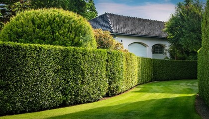 precision hedge trimming in serene residential garden