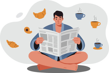 Man Reading Newspaper Relaxing With Coffee and Pastries Vector Illustration in Casual Morning Setting 