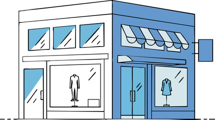 Small modern storefront building with awnings and glass windows vector illustration 