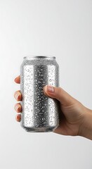 Beverage can mockup in hand with aluminum can with visible condensation on white background for beverage branding