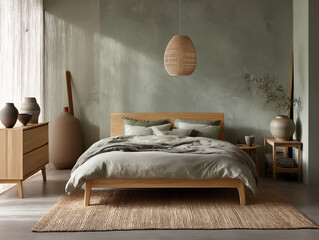 Japandi bedroom in sage green tones, washed oak furniture, hemp rug, handmade pottery, diffused natural light