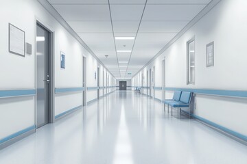 Obraz premium Clean and modern hospital corridor with bright lighting and blue seating in sterile environment